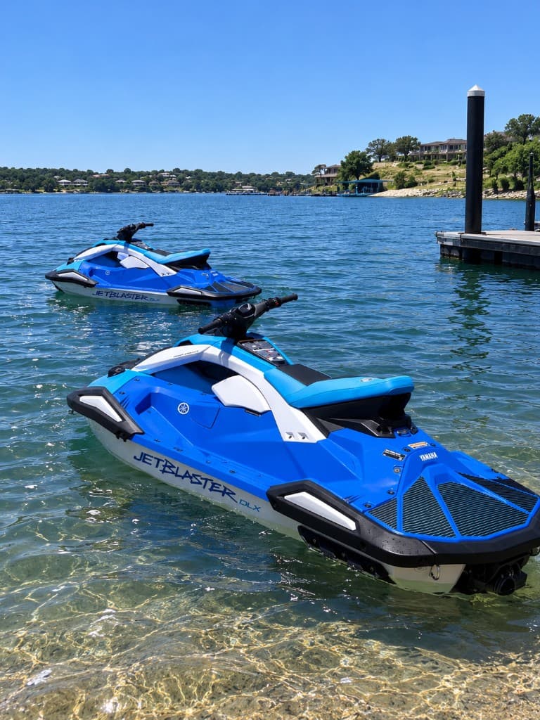 Two blue Yamaha JetBlaster DLX jet skis at the lakeshore