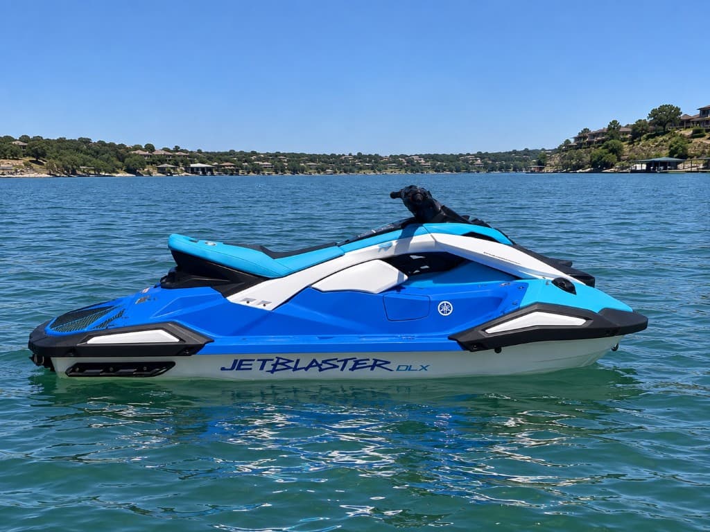 Blue and white Yamaha JetBlaster DLX floating on the lake