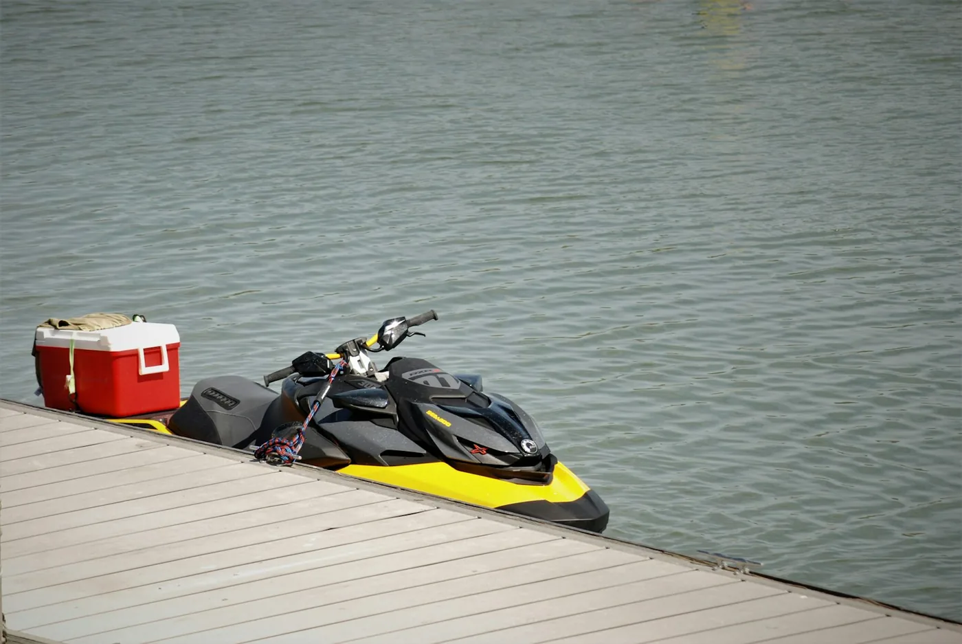 Jet ski tied at the dock, ready to ride